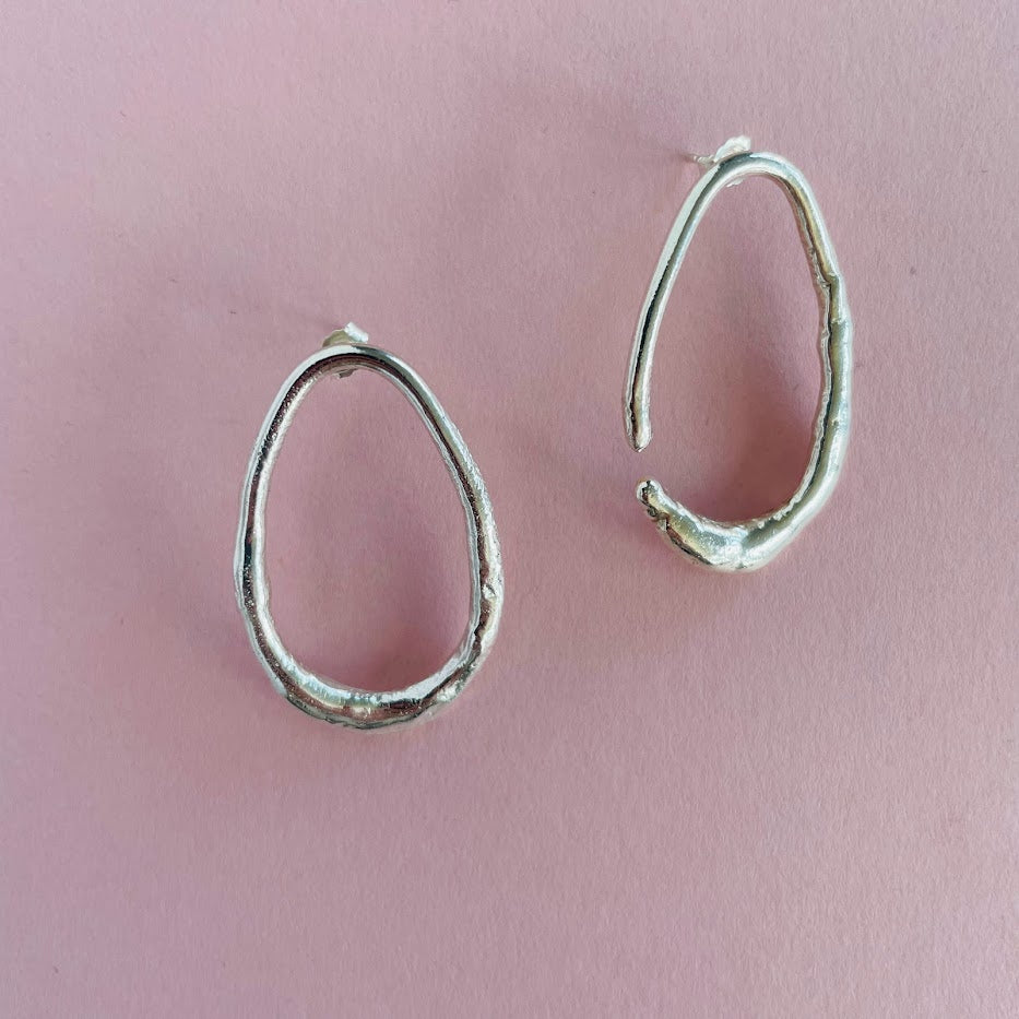 Organic Asymmetric Oval Earrings - Sterling Silver